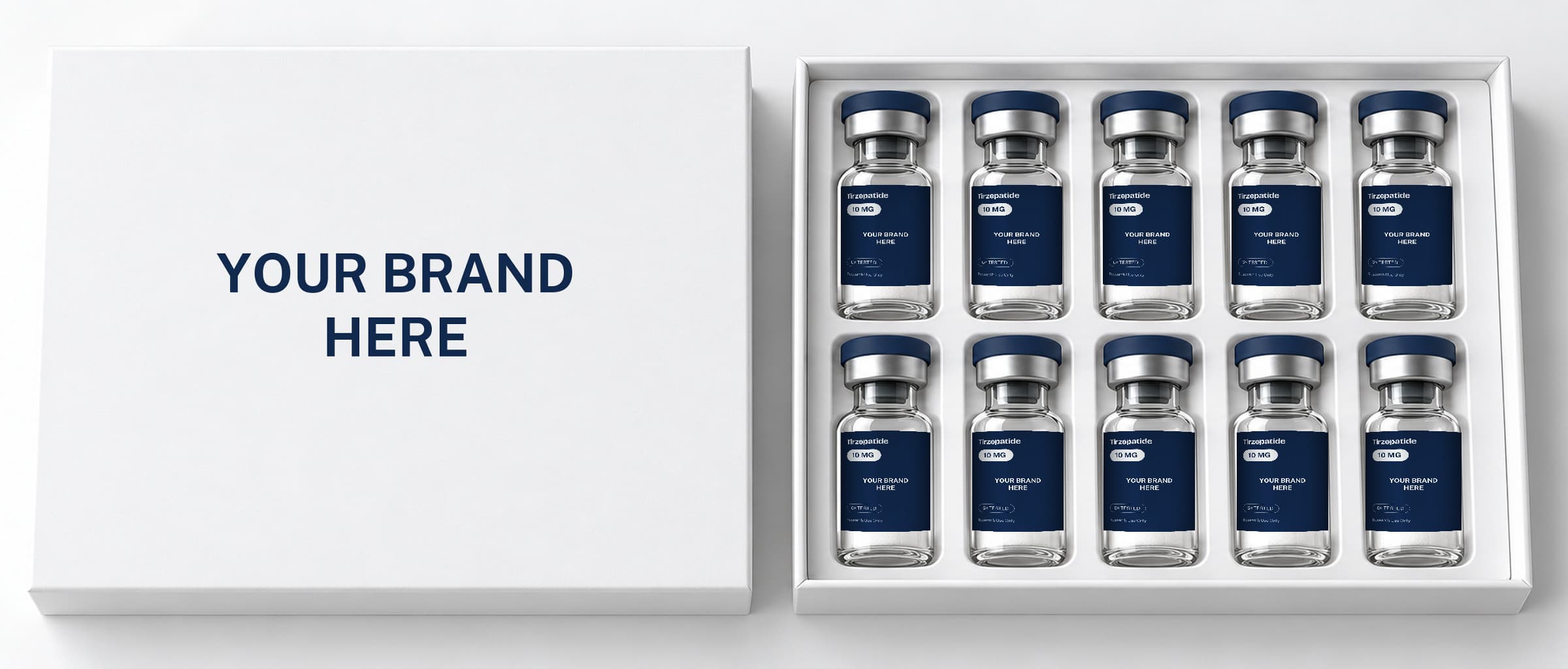 A ten-vial kit with a blank box lid reading Your Brand Here